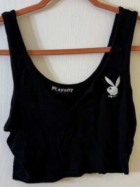 🪩 2/20 Playboy Black Ribbed Bunny Logo Tank Top L